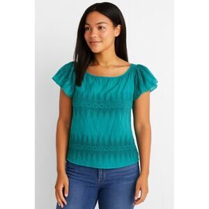 Milly Eyelet Embroidered Short Sleeve Blouse Teal Green Size 4